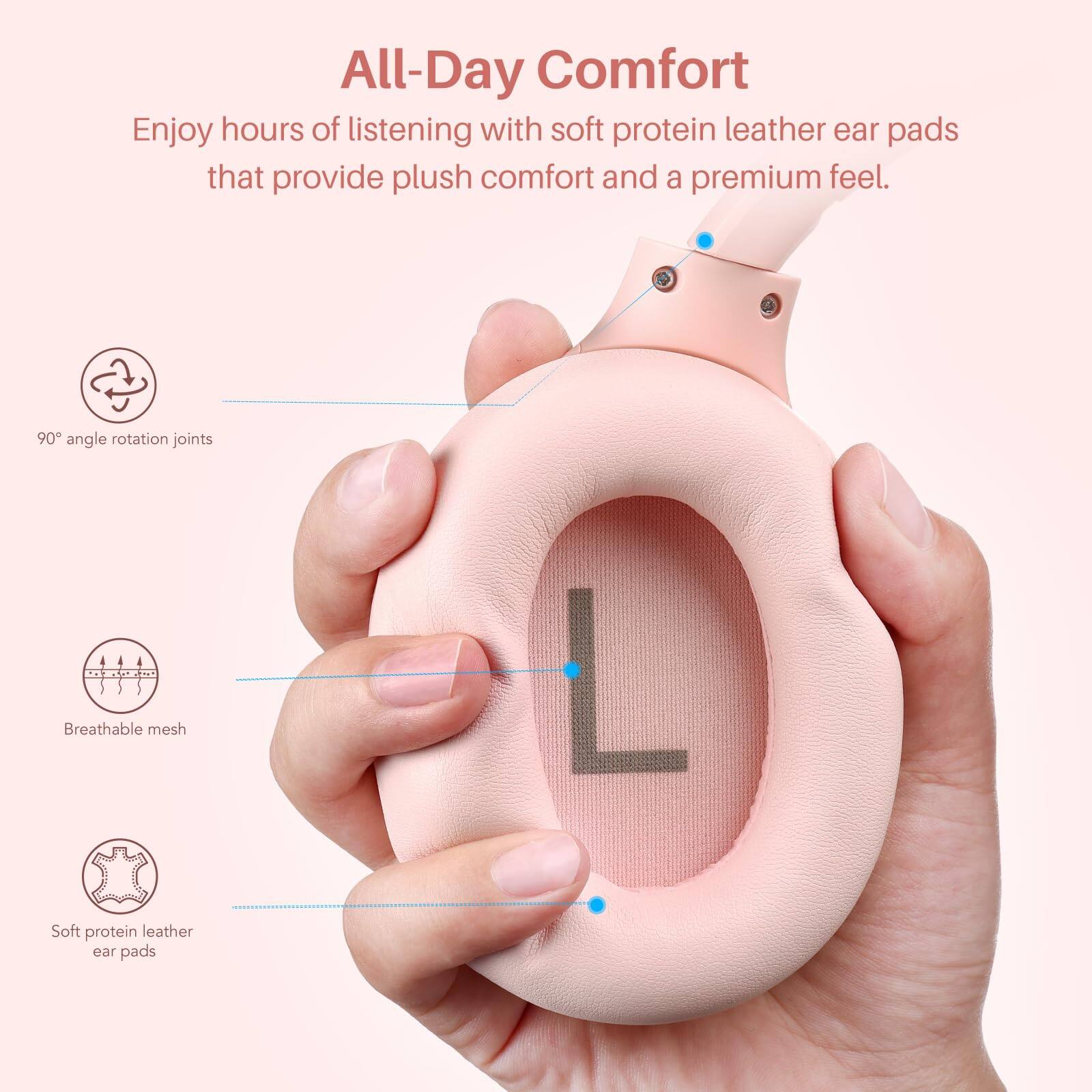 All-Day Comfort

Enjoy hours of listening with soft protein leather ear pads that provide plush comfort and a premium feel.

- 90° angle rotation joints
- Breathable mesh
- Soft protein leather ear pads
