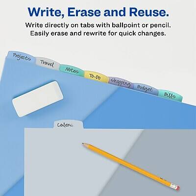Write, Erase and Reuse.  
Write directly on tabs with ballpoint or pencil. Easily erase and rewrite for quick changes.  

Projects  
Travel  
Notes  
To-do  
Shopping  
Budget  
Bills  

calena