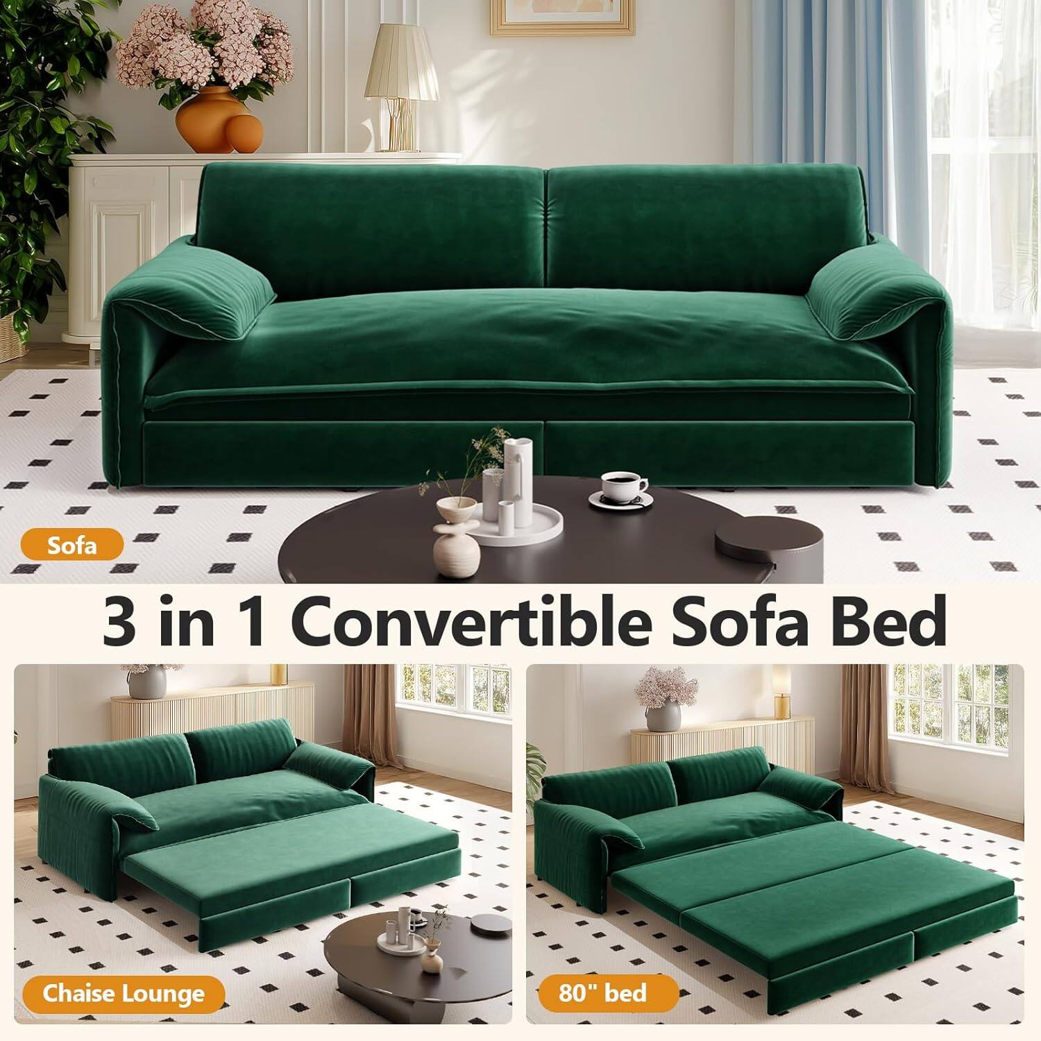 Sofa 3 in 1 Convertible Sofa Bed Chaise Lounge 80" bed