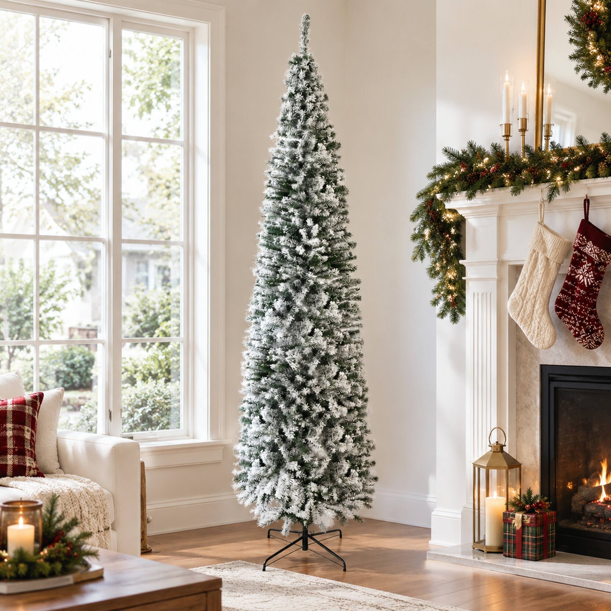 Back. RYHNUYNE - 9 Ft Unlit Snow Flocked Slim Artificial Christmas Tree With 1014 Tips, Metal Stand Narrow Holiday Home Decor - Green.