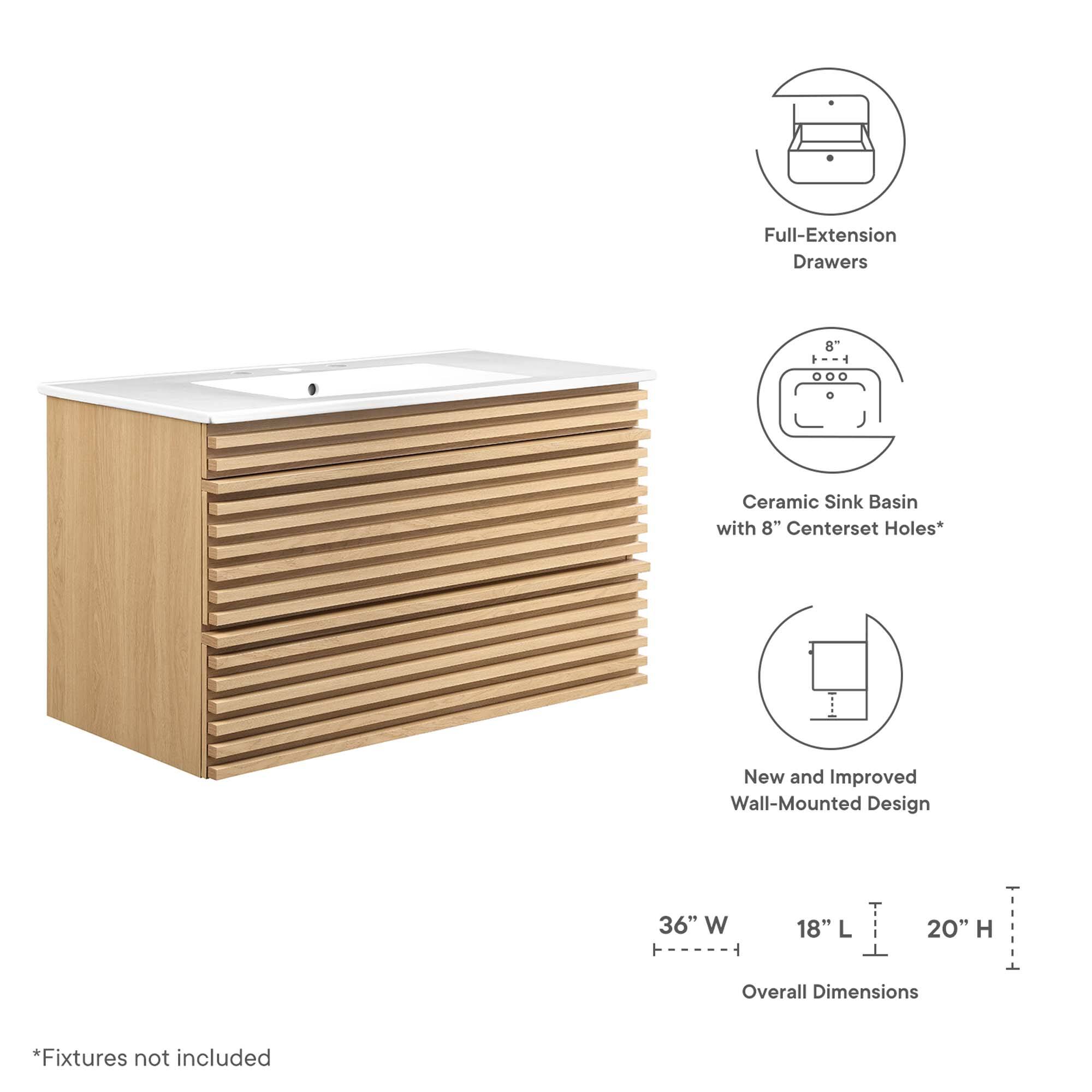 Full-Extension Drawers  
8" 1 - ...  
Ceramic Sink Basin with 8" Centerset Holes*  
New and Improved Wall-Mounted Design  
36" W ----- T  18" L 20" H Overall Dimensions  
*Fixtures not included