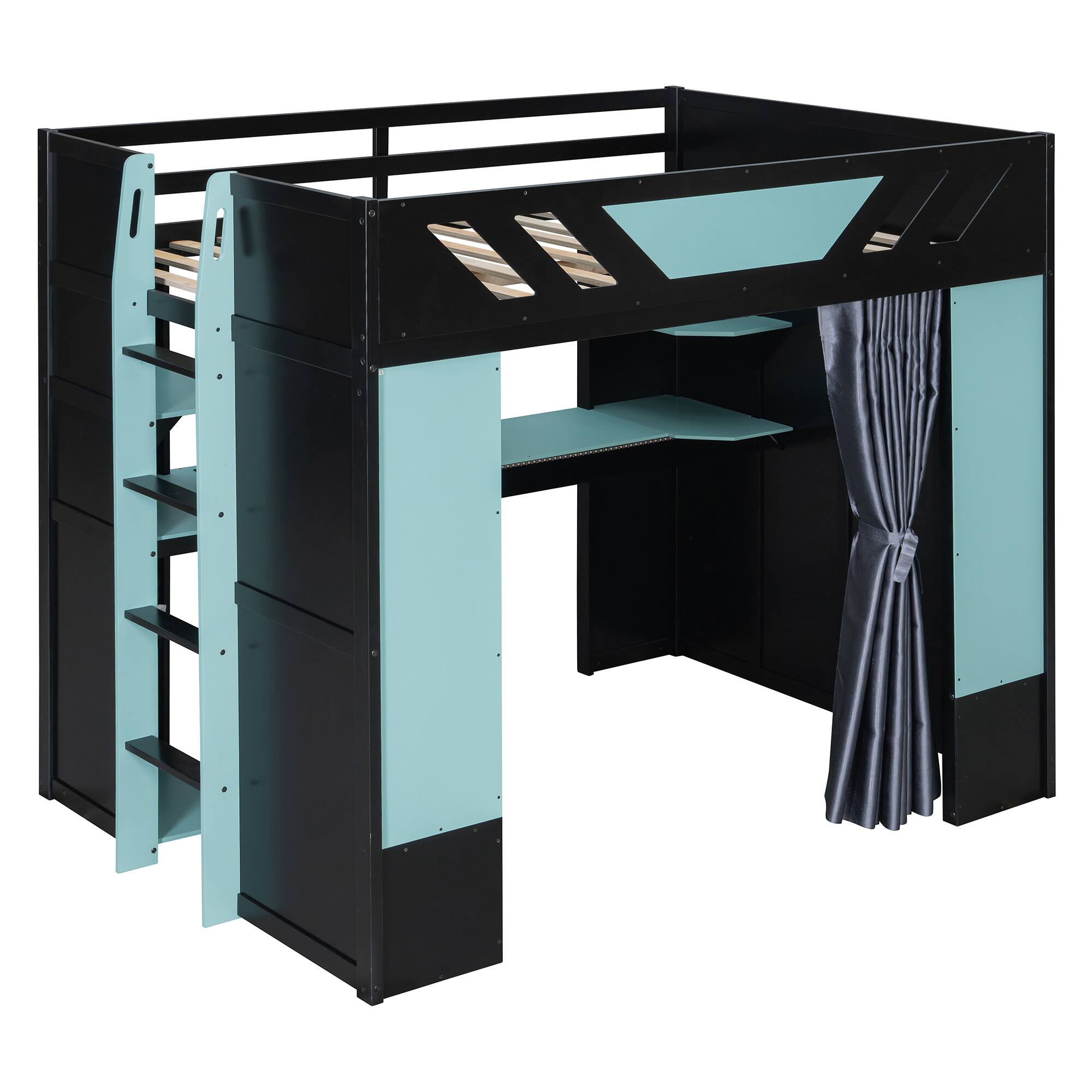 Back. Anysun - Full Size Wood Loft Bed with,Shelves,Blackout Curtains,and RGB Lights - Blue.