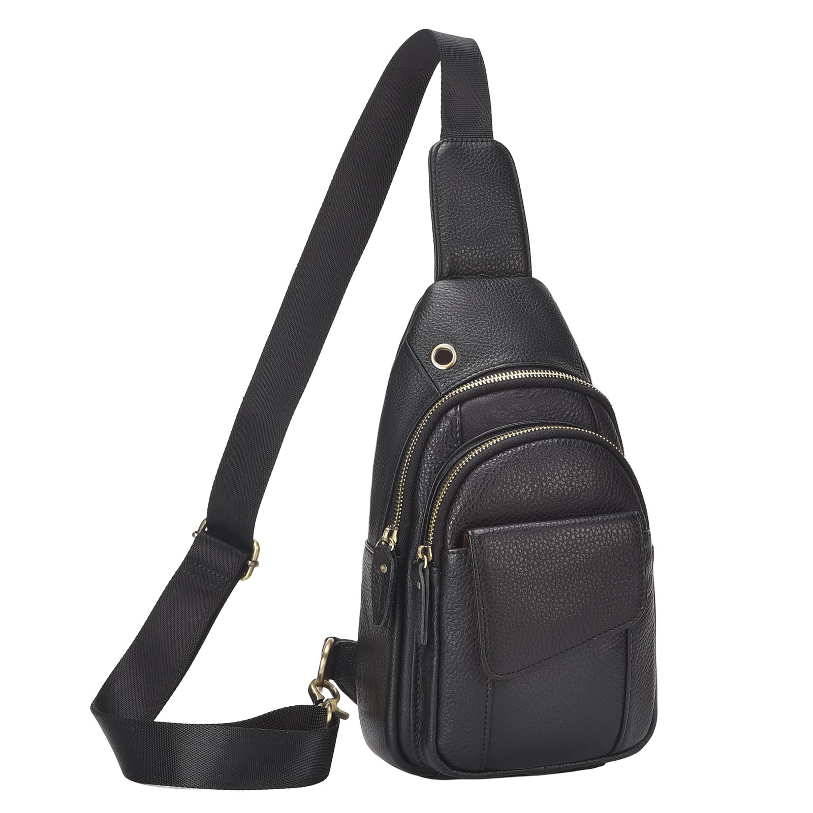 Front. Unique Bargains - Full-Grain Leather Sling Bag for Men Women Vintage Multi-Pocket Crossbody Bag with Concealed Carry Compartment - Black.