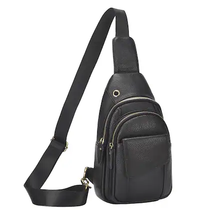 Front. Unique Bargains - Full-Grain Leather Sling Bag for Men Women Vintage Multi-Pocket Crossbody Bag with Concealed Carry Compartment - Black.