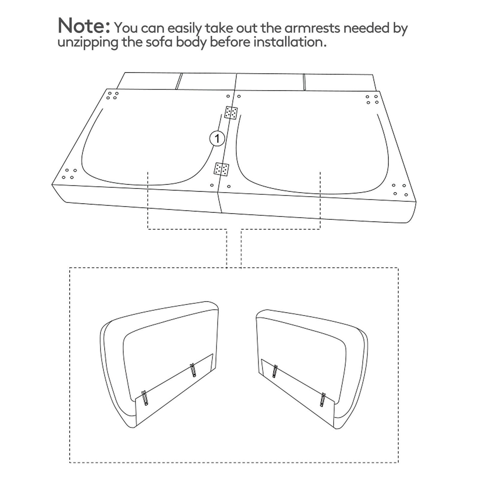Note: You can easily take out the armrests needed by unzipping the sofa body before installation.