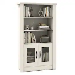Costway - 48.5" Bookcase with Storage Cabinet 2 Translucent Fluted Doors 2 Anti-tipping Kits - White Oak