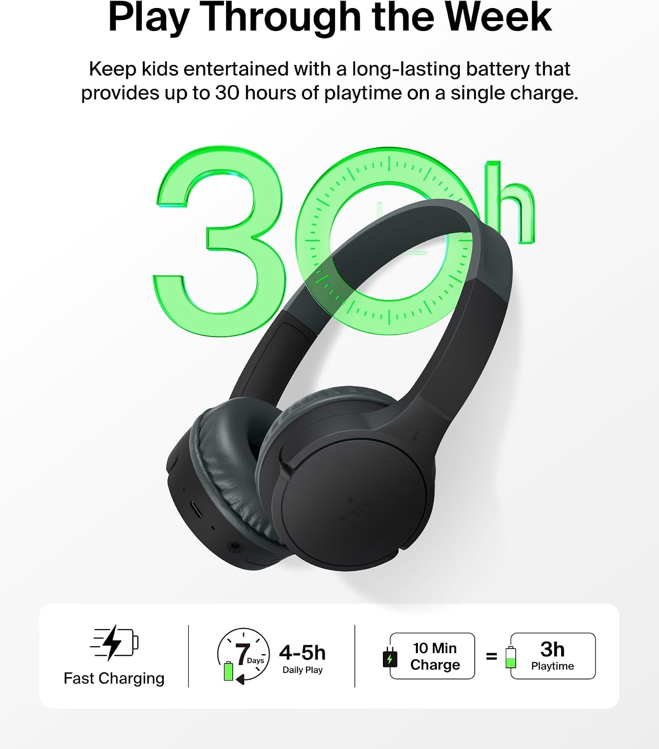 Play Through the Week  
Keep kids entertained with a long-lasting battery that provides up to 30 hours of playtime on a single charge.  

30h  

Fast Charging  
7 Days  
4-5h Daily Play  
10 Min Charge = 3h Playtime