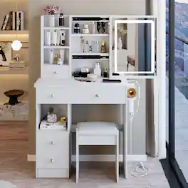 Loheer - Vanity Table With LED Mirror, Small Space Design, Charging Station and Stool - White