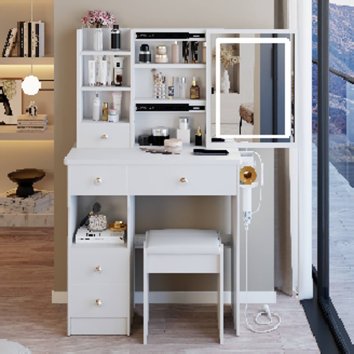 Front. Loheer - Loheer Vanity Table With LED Mirror, Small Space Design, Charging Station and Stool - White.