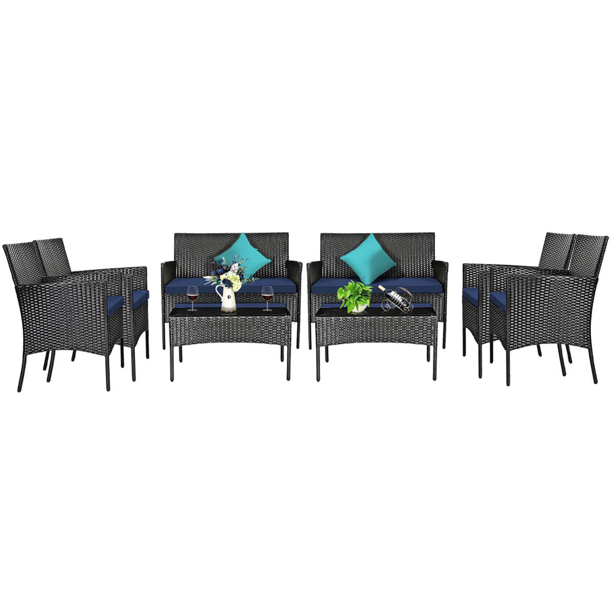 Gymax - 8PCS Rattan Furniture Set Cushioned Sofa Coffee Table Backyard Porch Patio Navy - Black, Navy