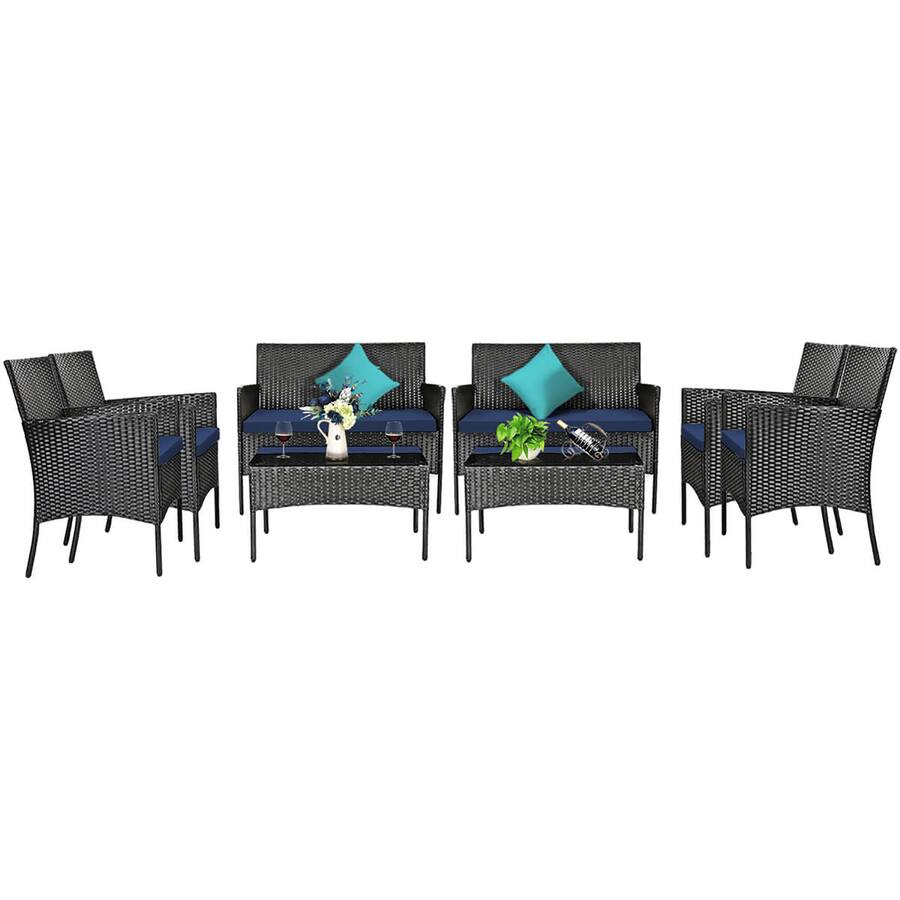 Gymax 8PCS Rattan Furniture Set Cushioned Sofa Coffee Table Backyard