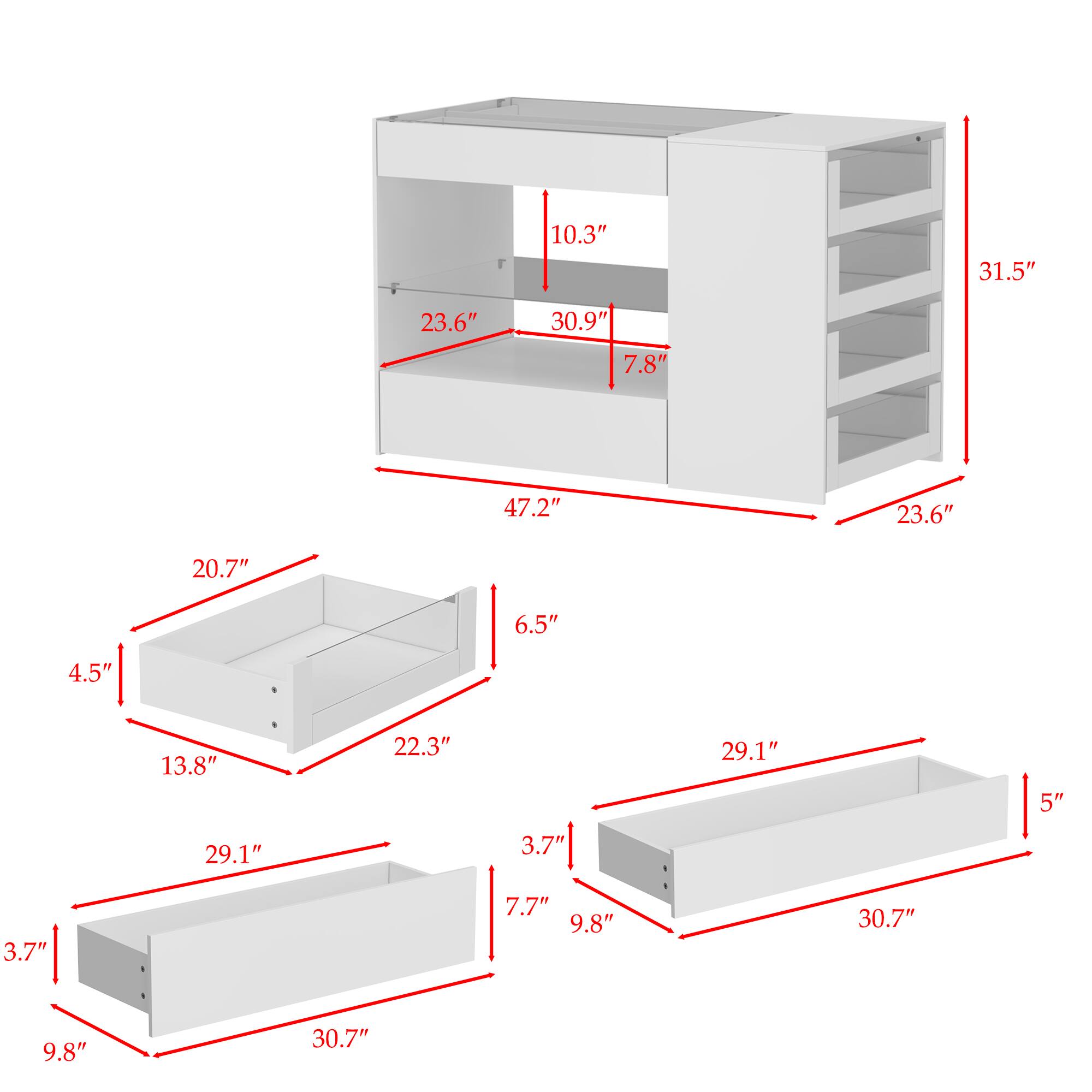 Here is the corrected and grouped text from the image:

- **Main Cabinet:**
  - Height: 31.5"
  - Width: 47.2"
  - Depth: 23.6"
  - Shelf Height: 10.3"
  - Shelf Spacing: 30.9"
  - Shelf Depth: 7.8"

- **Top Shelf:**
  - Height: 20.7"
  - Depth: 23.6"

- **Middle Shelf:**
  - Height: 6.5"
  - Depth: 23.6"

- **Bottom Shelf:**
  - Height: 4.5"
  - Depth: 23.6"

- **Drawer:**
  - Height: 13.8"
  - Width: 22.3"
  - Depth: 29.1"

- **Side Panel:**
  - Height: 5"
  - Width: 29.1"
  - Depth: 30.7"

- **Additional Dimensions:**
  - 3.7"
  - 7.7"
  - 9.8"
  - 30