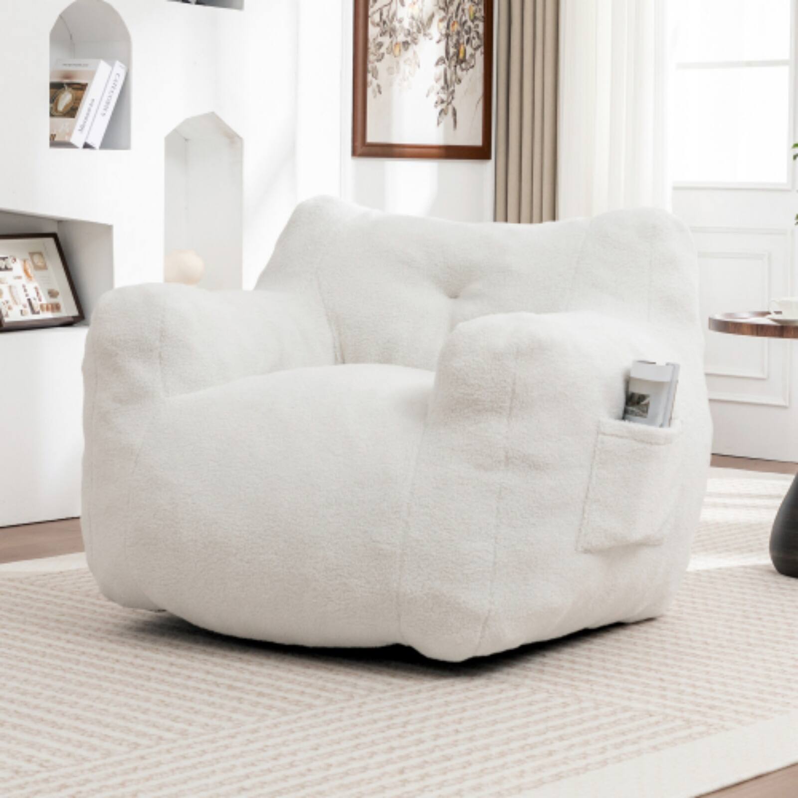 Angle. HTUTWOO - Bean Bag Sofa Chair with High-Density Foam, Lazy Comfy Chair for Adults & Kids, Suitable for Living Room, Bedroom - White.
