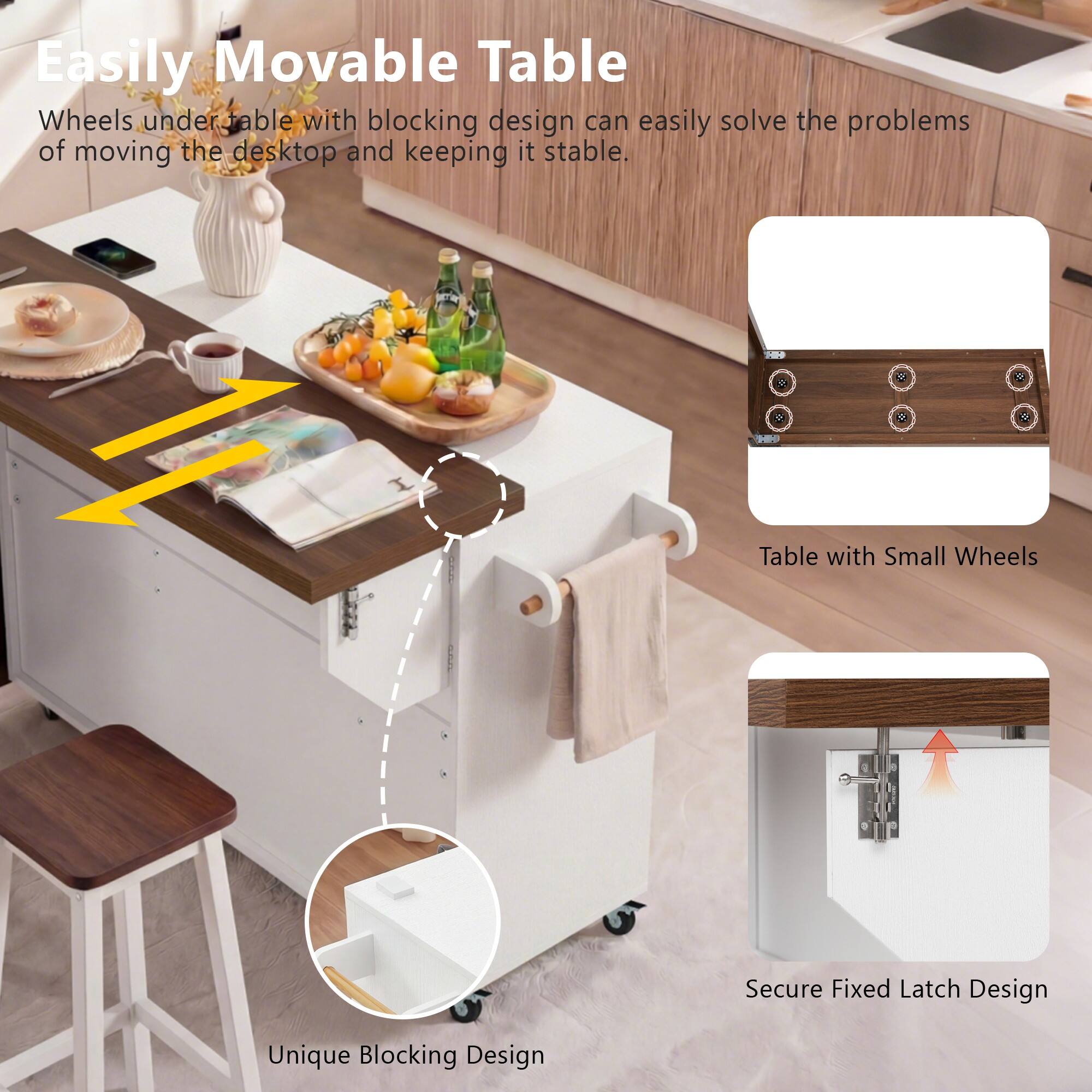 Easily Movable Table

Wheels under table with blocking design can easily solve the problems of moving the desktop and keeping it stable.

- Table with Small Wheels
- Secure Fixed Latch Design
- Unique Blocking Design