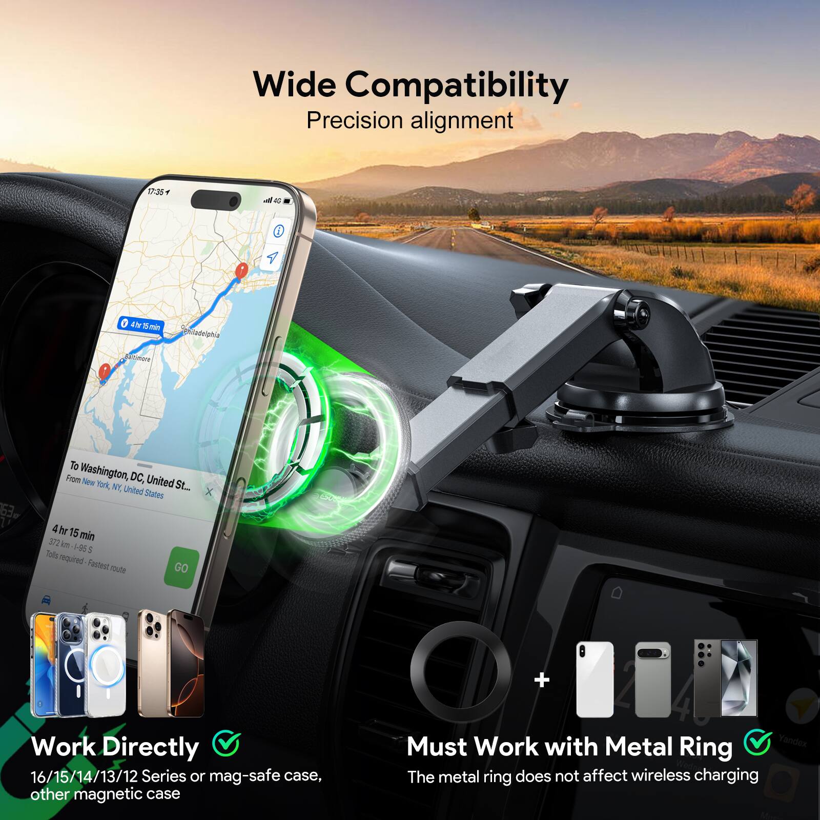 Wide Compatibility Precision alignment

Work Directly
16/15/14/13/12 Series or mag-safe case, other magnetic case

Must Work with Metal Ring
The metal ring does not affect wireless charging