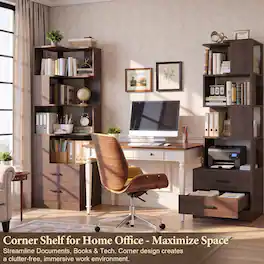 Aheaplus - 2 Piece Set 7-Tier L-Shaped Corner Bookshelf with 2 Drawers, Space-Saving Storage for Small Spaces - Walnut