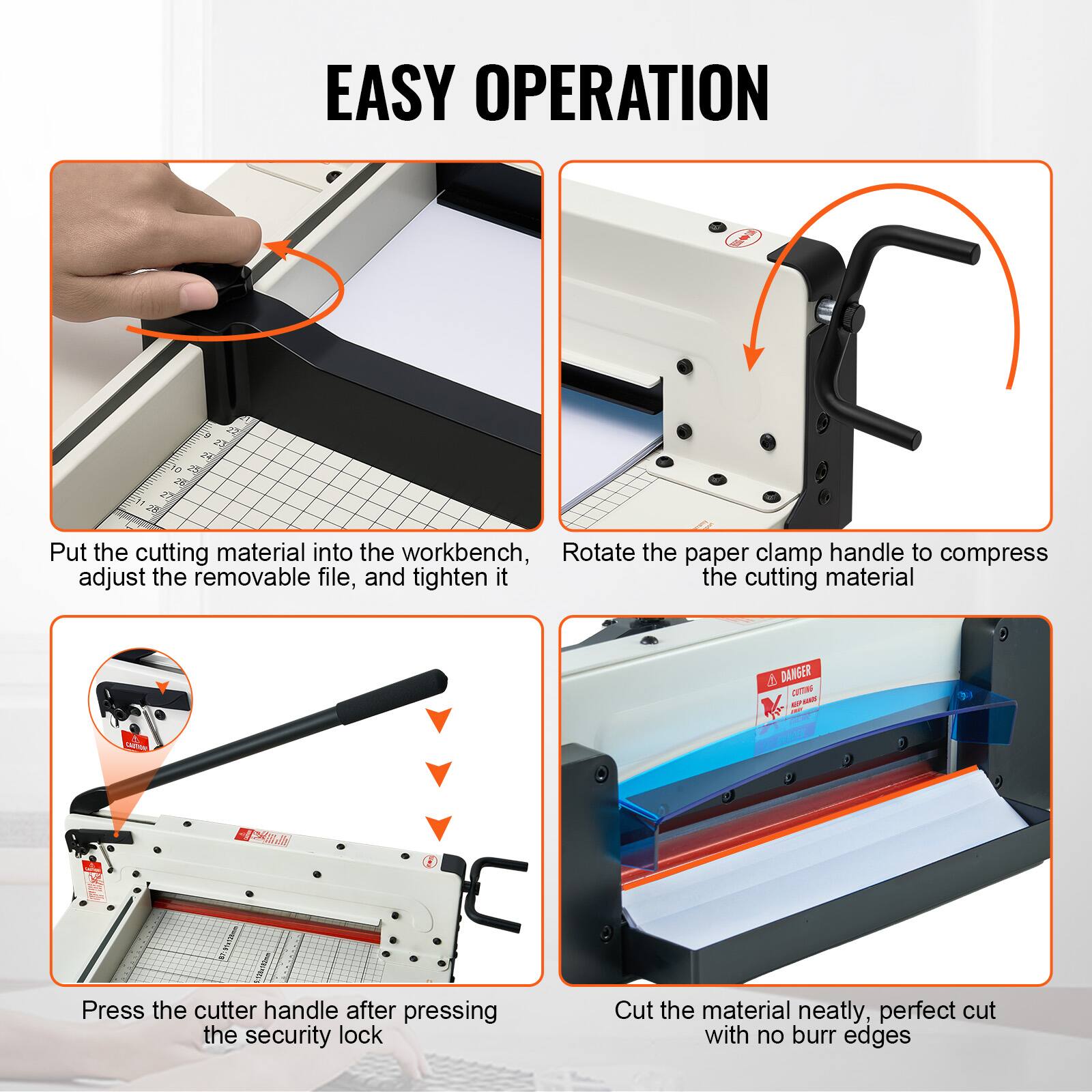 EASY OPERATION

Put the cutting material into the workbench, adjust the removable file, and tighten it

Rotate the paper clamp handle to compress the cutting material

Press the cutter handle after pressing the security lock

Cut the material neatly, perfect cut with no burr edges