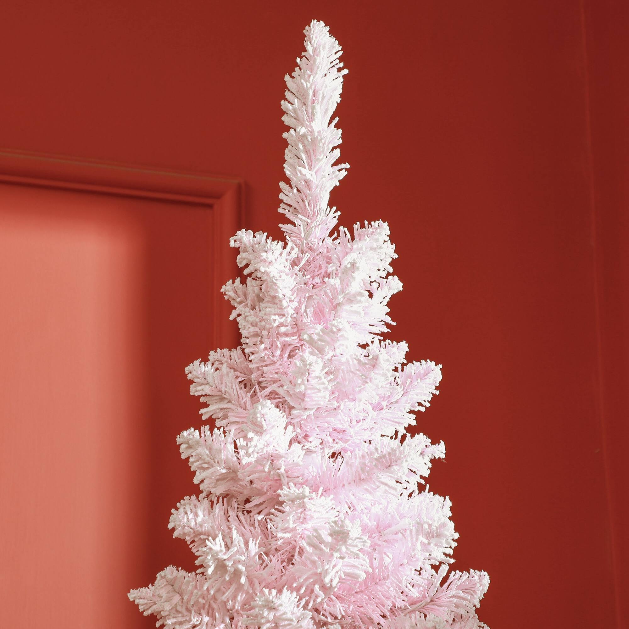 Alt View 8. Homcom - Tall Pre-Lit Slim Noble Fir Artificial Pencil Christmas Tree with 210 Warm White LED Lights and 499 Snow Flocked Tips - Pink.