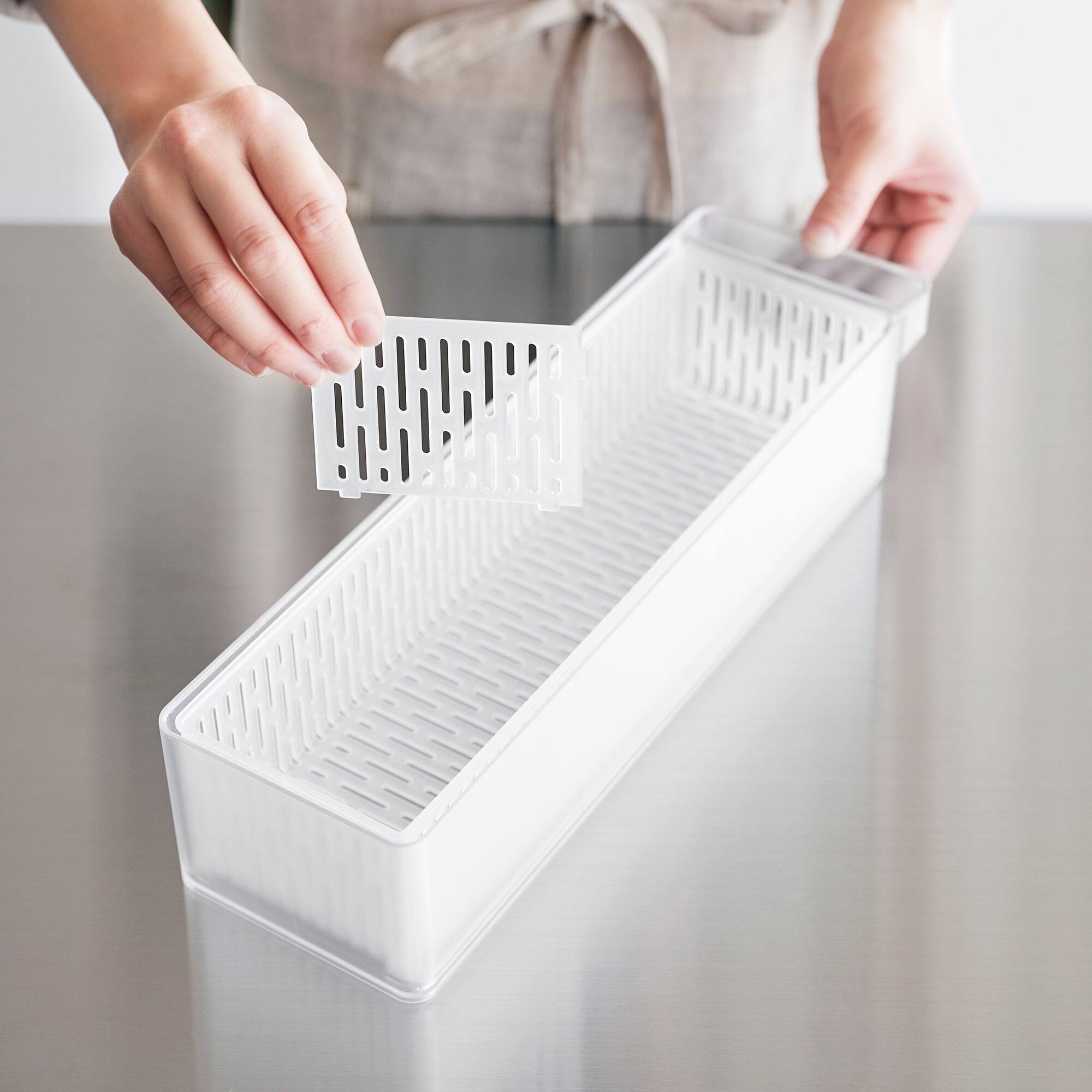 Back. Yamazaki Home - Refrigerator Colander with Lid & Divider - Clear.