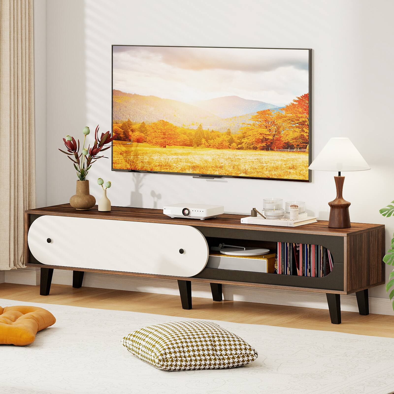 Alt View 3. Gymax - Gymax Entertainment Center w/Sliding Door Cabinet Cable Management Holes for 80'' TVs - Brown.