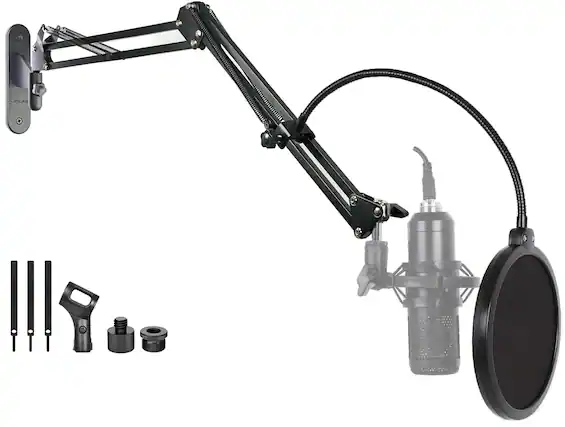 Front. HM 1810 - Upgrade Mic Wall Mount Microphone Boom Arm Stand Holder For Shure Rode Broadcasting Voice over Sound Stream - Default.