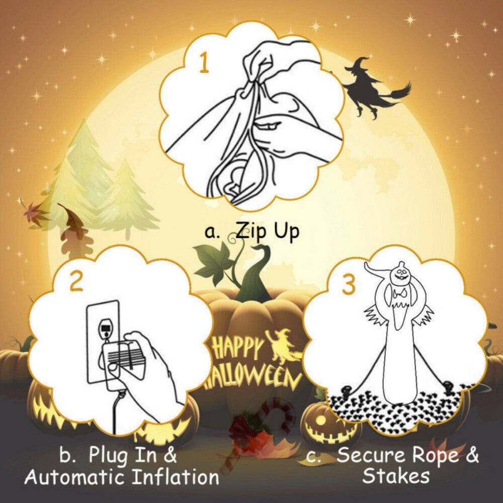 1. a. Zip Up  
2. b. Plug In & Automatic Inflation  
3. c. Secure Rope & Stakes