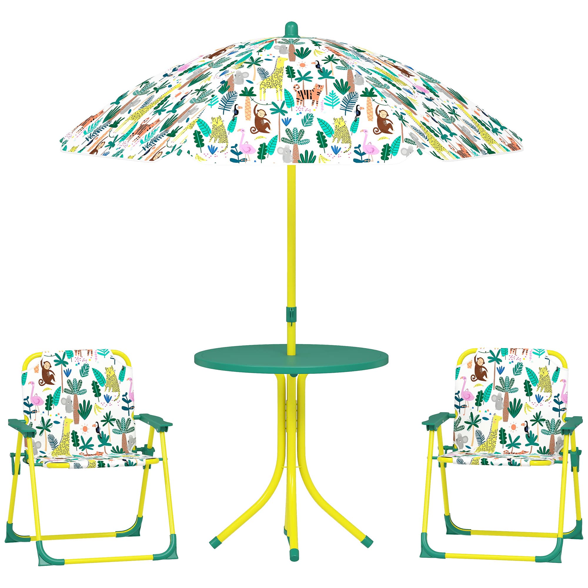 Qaba - Kids Picnic Table, Kids Table and Chair Set with 2 Folding Chairs and Umbrella for Backyard, Garden - Green