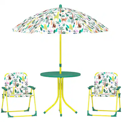 Front. Qaba - Kids Picnic Table, Kids Table and Chair Set with 2 Folding Chairs and Umbrella for Backyard, Garden - Green.
