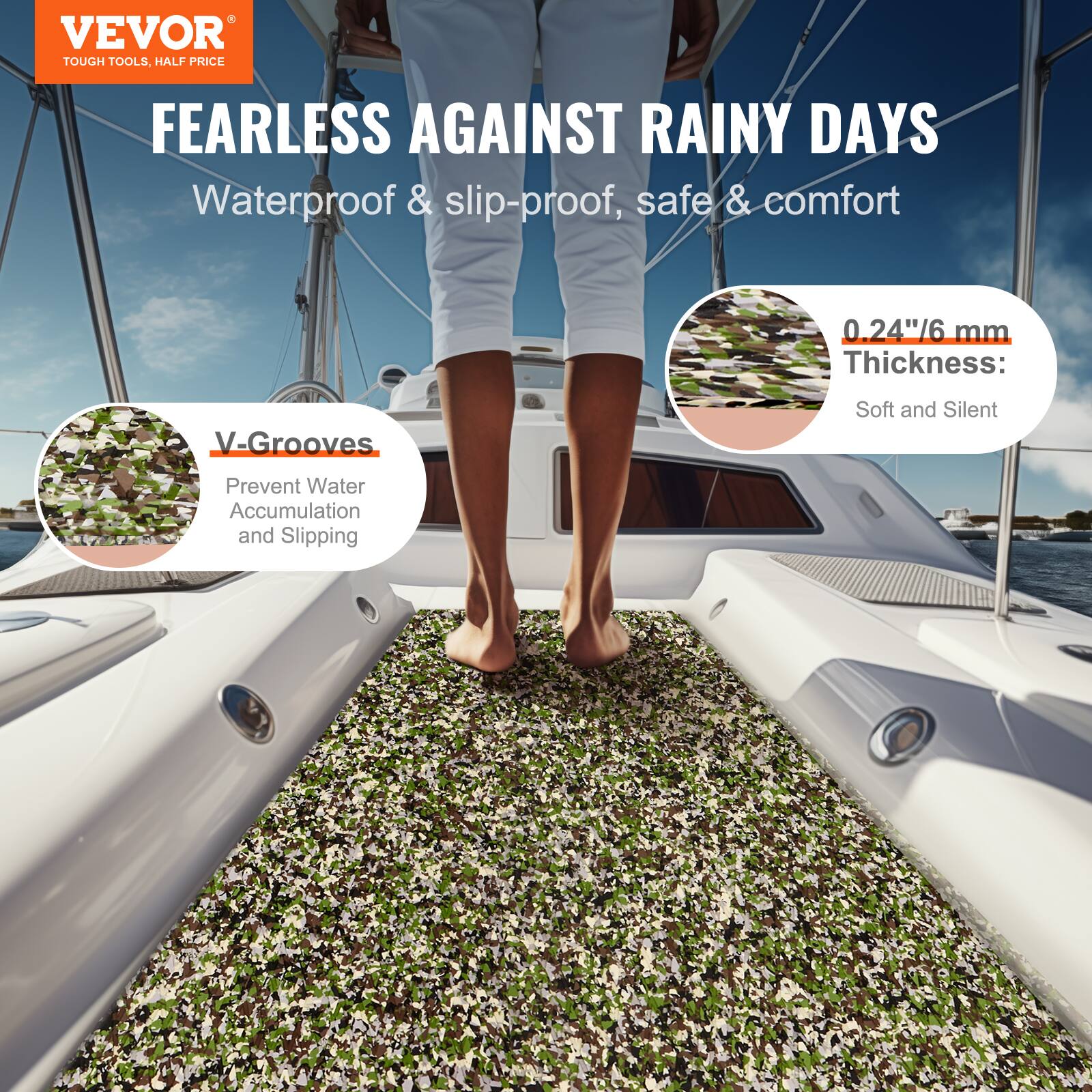 VEVOR  
TOUGH TOOLS. HALF PRICE  

FEARLESS AGAINST RAINY DAYS  
Waterproof & slip-proof, safe & comfort  

V-Grooves  
Prevent Water Accumulation and Slipping  

0.24"/6 mm Thickness:  
Soft and Silent