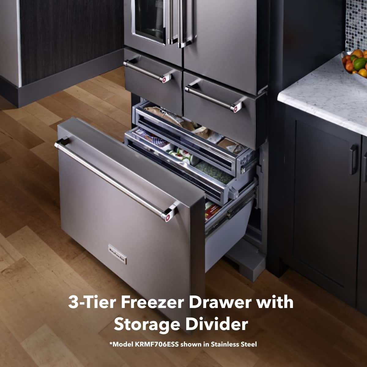 3-Tier Freezer Drawer with Storage Divider
*Model KRMF706ESS shown in Stainless Steel