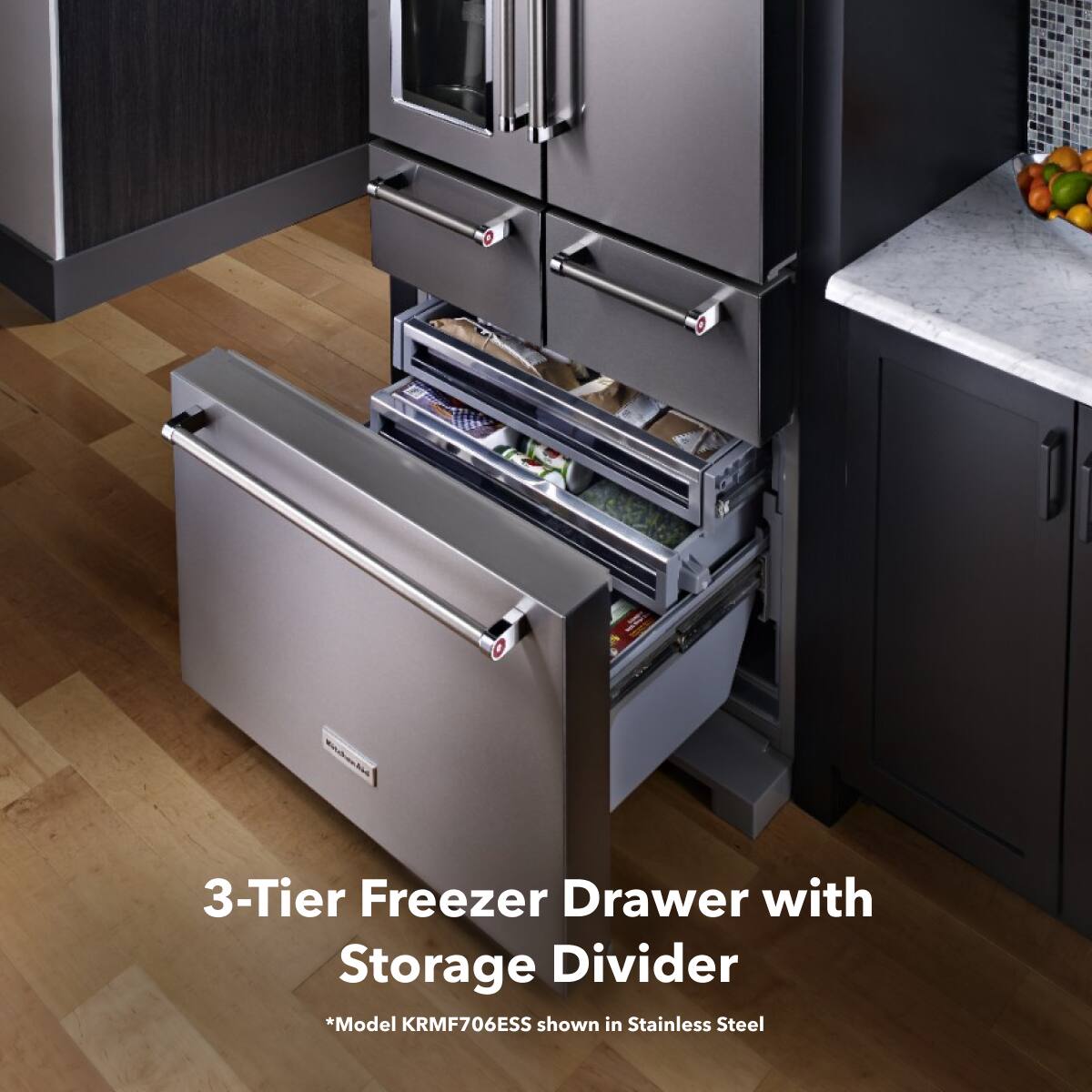 3-Tier Freezer Drawer with Storage Divider  
*Model KRMF706ESS shown in Stainless Steel