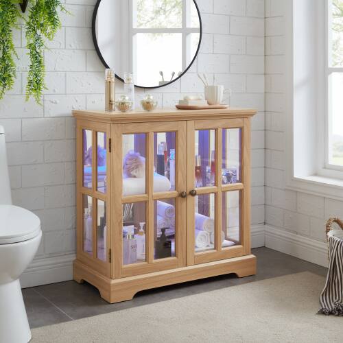 Angle. LUCKY ONE - Freestanding LED Curio Display Cabinet with Adjustable Shelves Retro Bookcase Storage for Home Decor - Oak.
