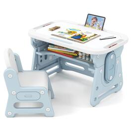 Gymax - Kids Table & Chair Set Height Adjustable Toddler Drawing Table w/ Book Stand - Blue