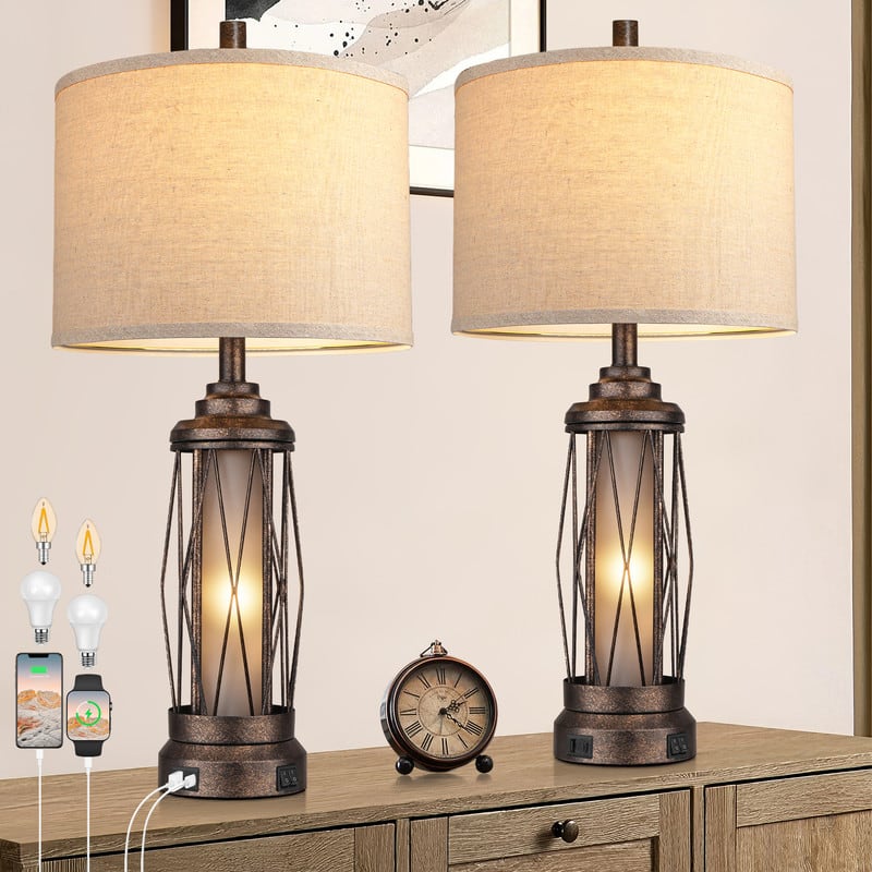 partphoner - Rustic Nightstand Lamp With USB C+A Charging Ports - Brown
