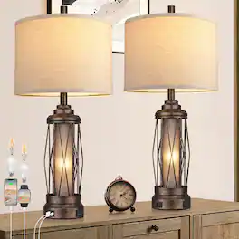 partphoner - Rustic Nightstand Lamp With USB C+A Charging Ports - Brown