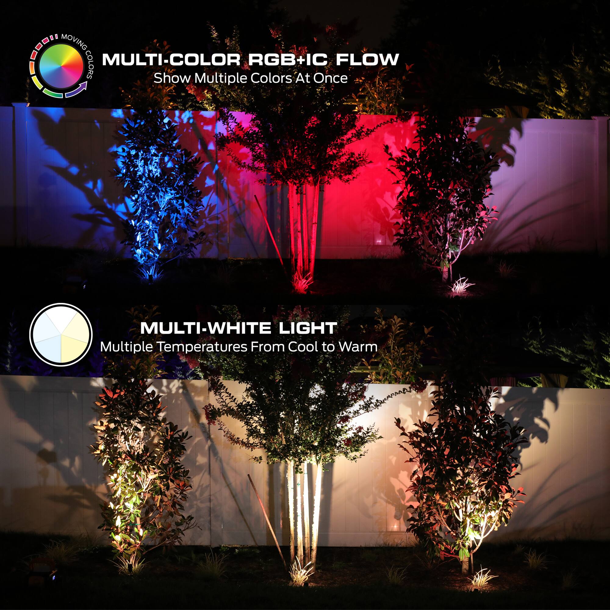 MULTI-COLOR RGB+IC FLOW  
Show Multiple Colors At Once

MULTI-WHITE LIGHT  
Multiple Temperatures From Cool to Warm
