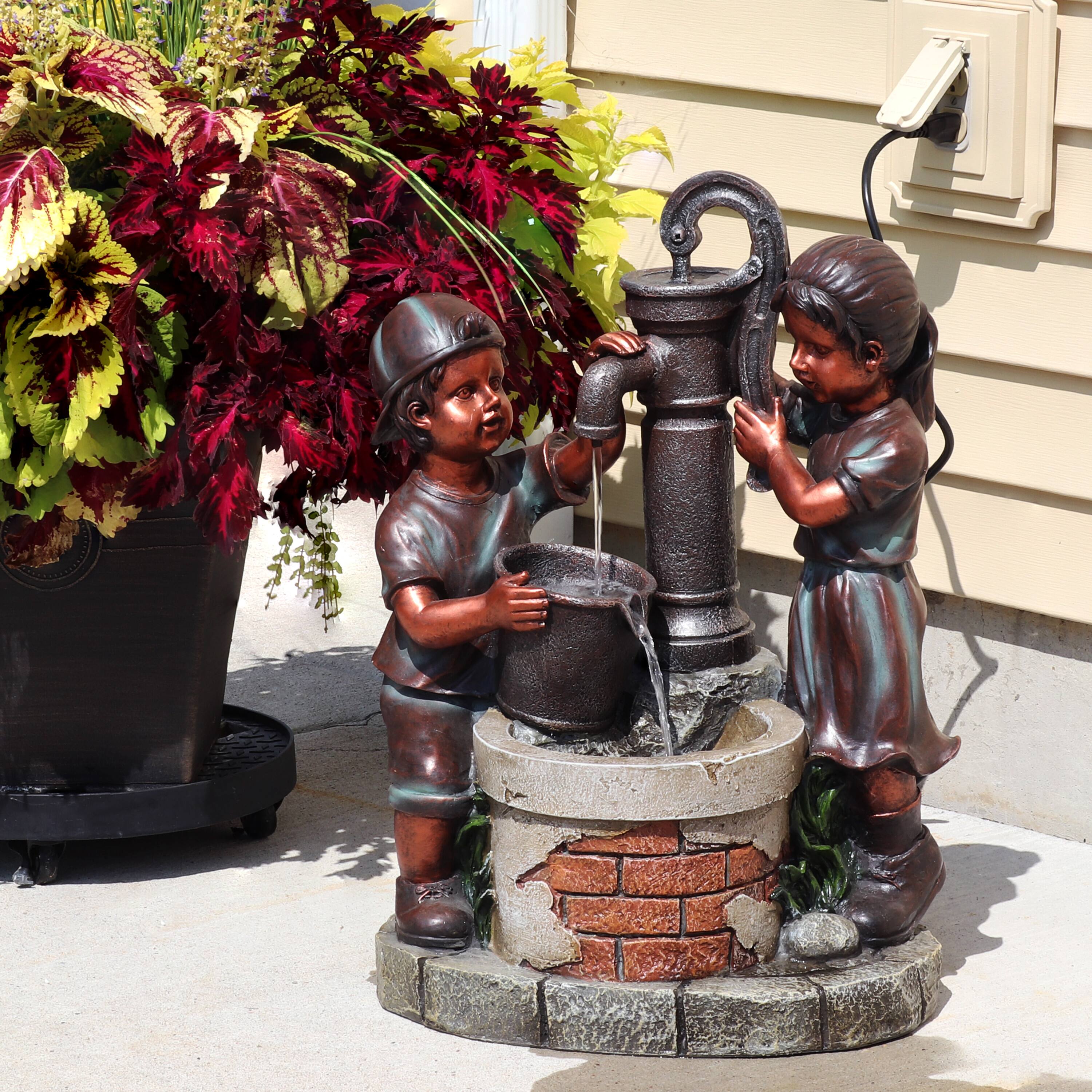 Alt View 3. Sunnydaze - Jack and Jill at Water Pump and Well Water Fountain - 24 in - Bronze.