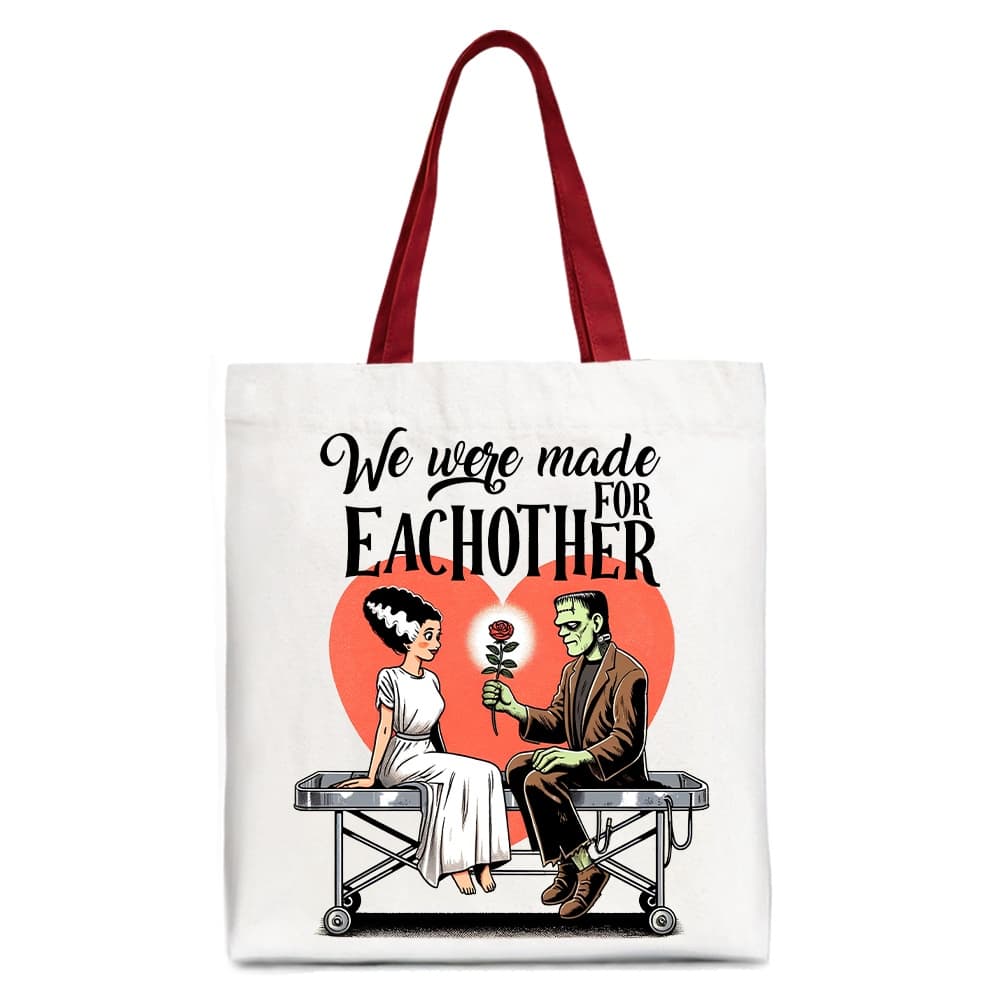 OrnamentallyYou - Romantic Frankenstein and Bride Canvas Tote Bag, We Were Made for Each Other Gift Bag - White Red