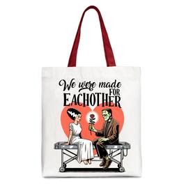 OrnamentallyYou - Romantic Frankenstein and Bride Canvas Tote Bag, We Were Made for Each Other Gift Bag - White Red