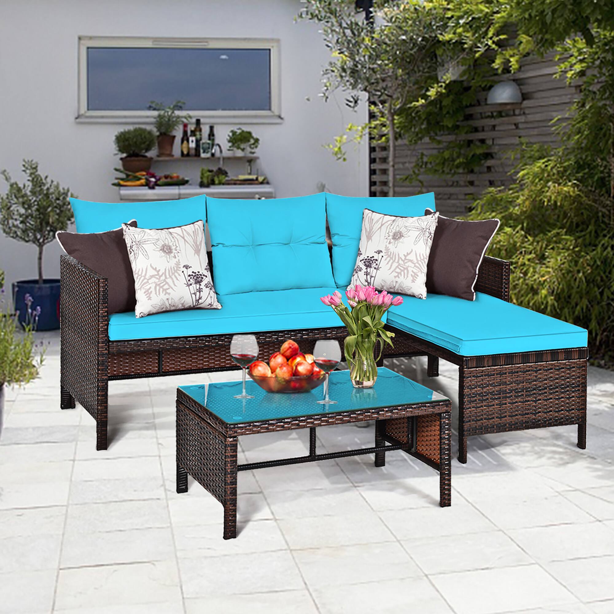 Alt View 1. Costway - Costway 3PCS Patio Wicker Rattan Sofa Set Outdoor Sectional Conversation Set - Blue.
