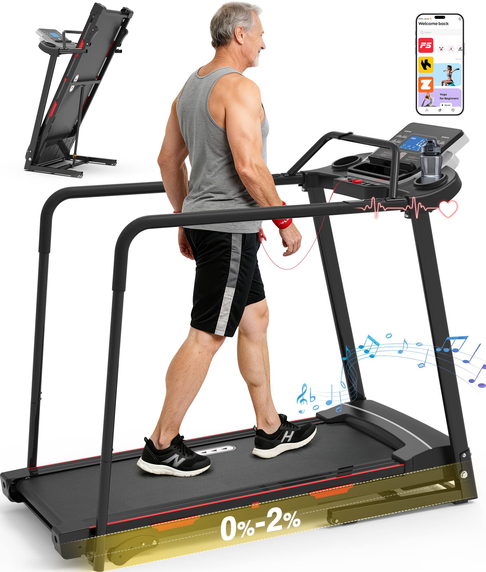Redliro - Senior Treadmill with Long Handrails, Foldable Treadmill with Incline for Senior, 350lbs - Black