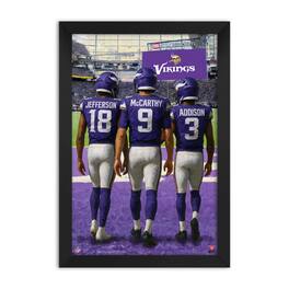 Sporticulture - Jordan Addison, Justin Jefferson & J.J McCarthy Minnesota Vikings Framed Three-Player Art Print - Purple