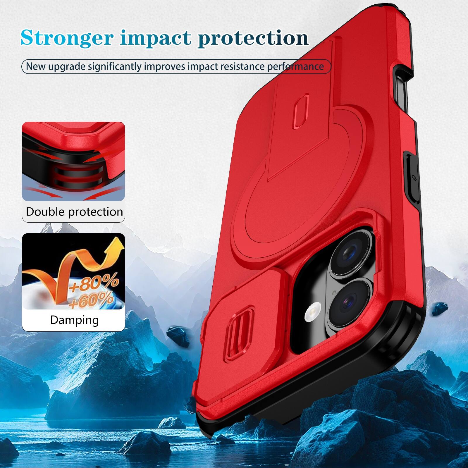 Stronger impact protection  
New upgrade significantly improves impact resistance performance  

Double protection  
+60% +80% Damping