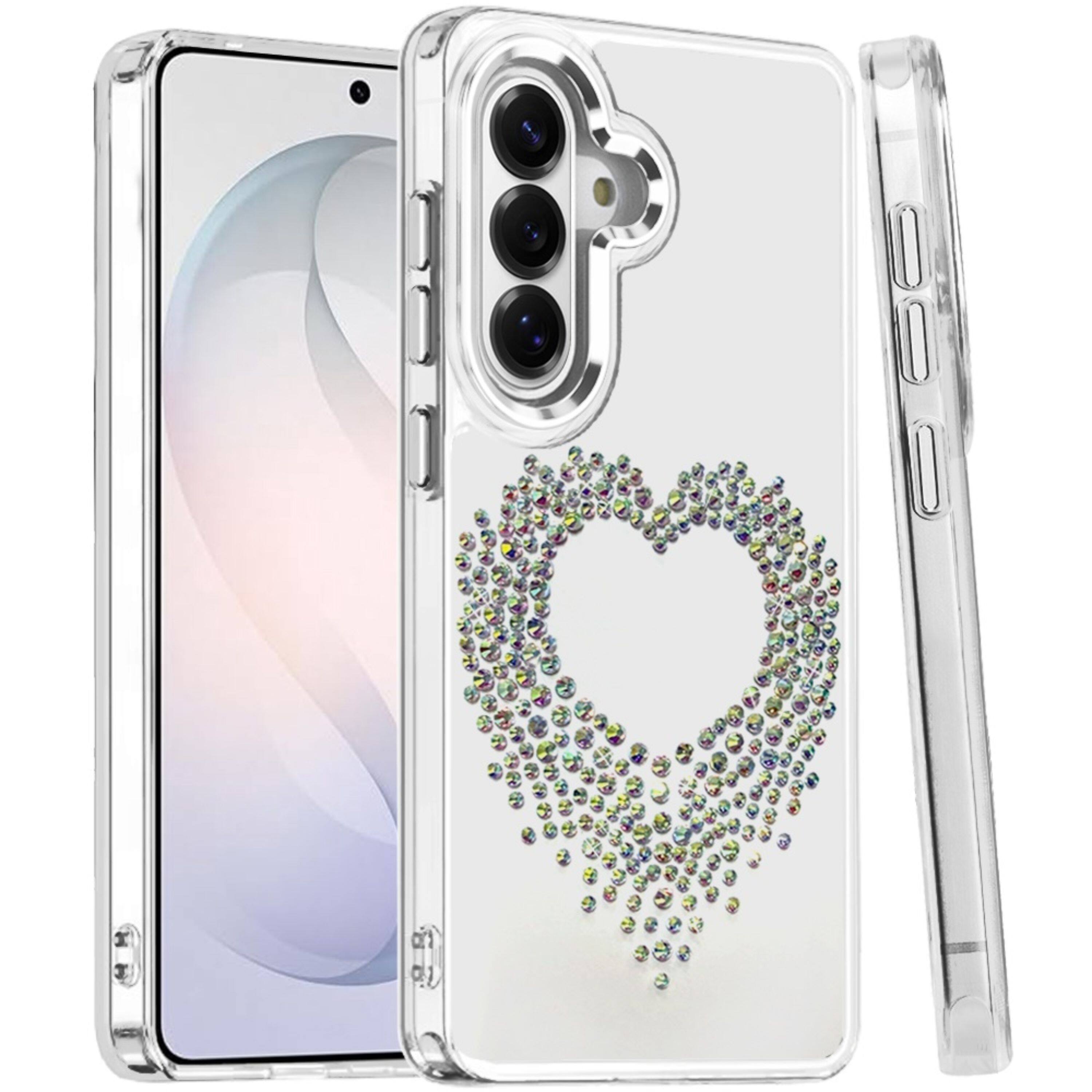 Angle. Kitcheniva - Heart Shaped Rhinestones On Clear Cover Plus Tempered Glass For Samsung S26 FE Silver - Silver.