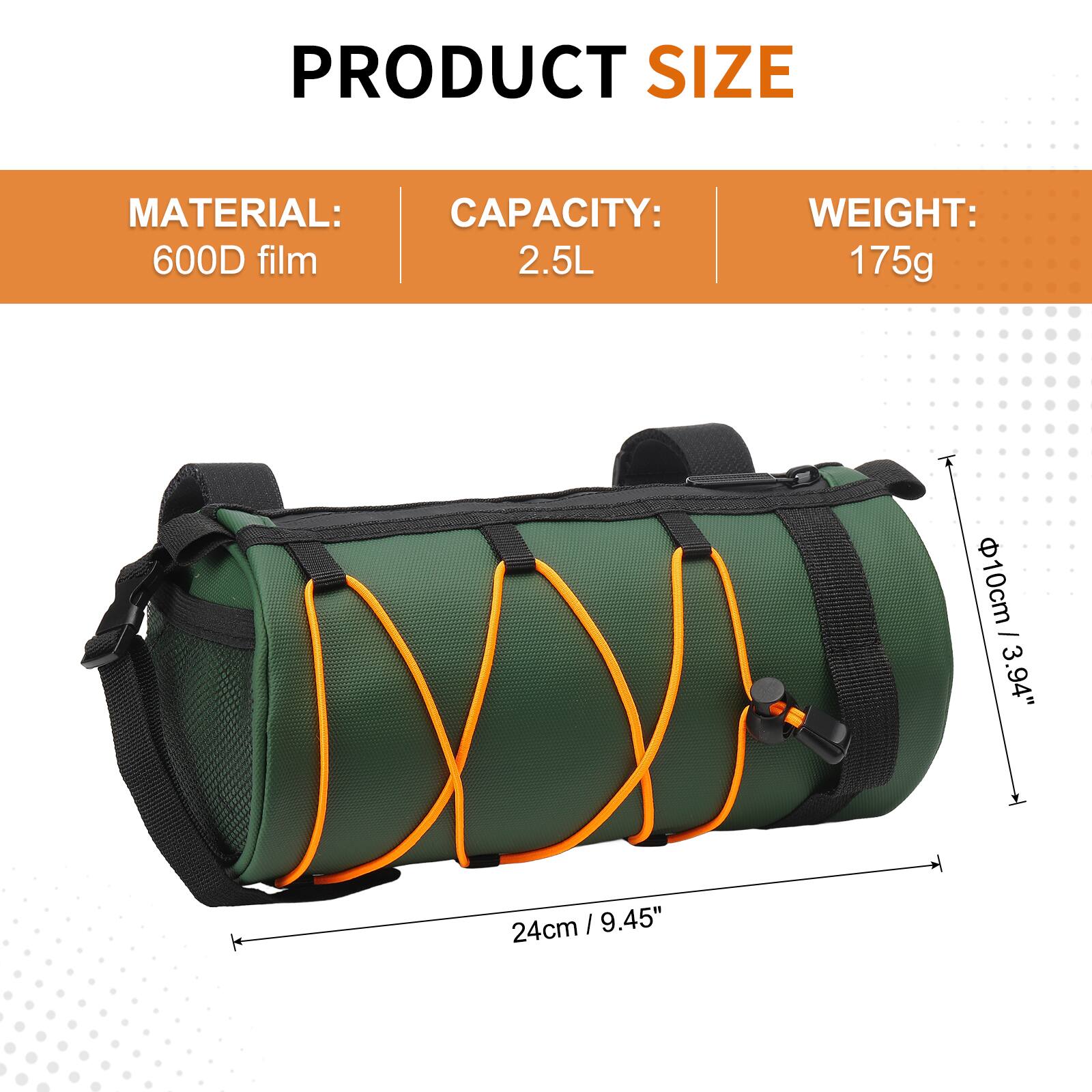 PRODUCT SIZE  
MATERIAL: 600D film  
CAPACITY: 2.5L  
WEIGHT: 175g  
SIZE: 24cm x 24cm x 10cm (9.45" x 9.45" x 3.94")