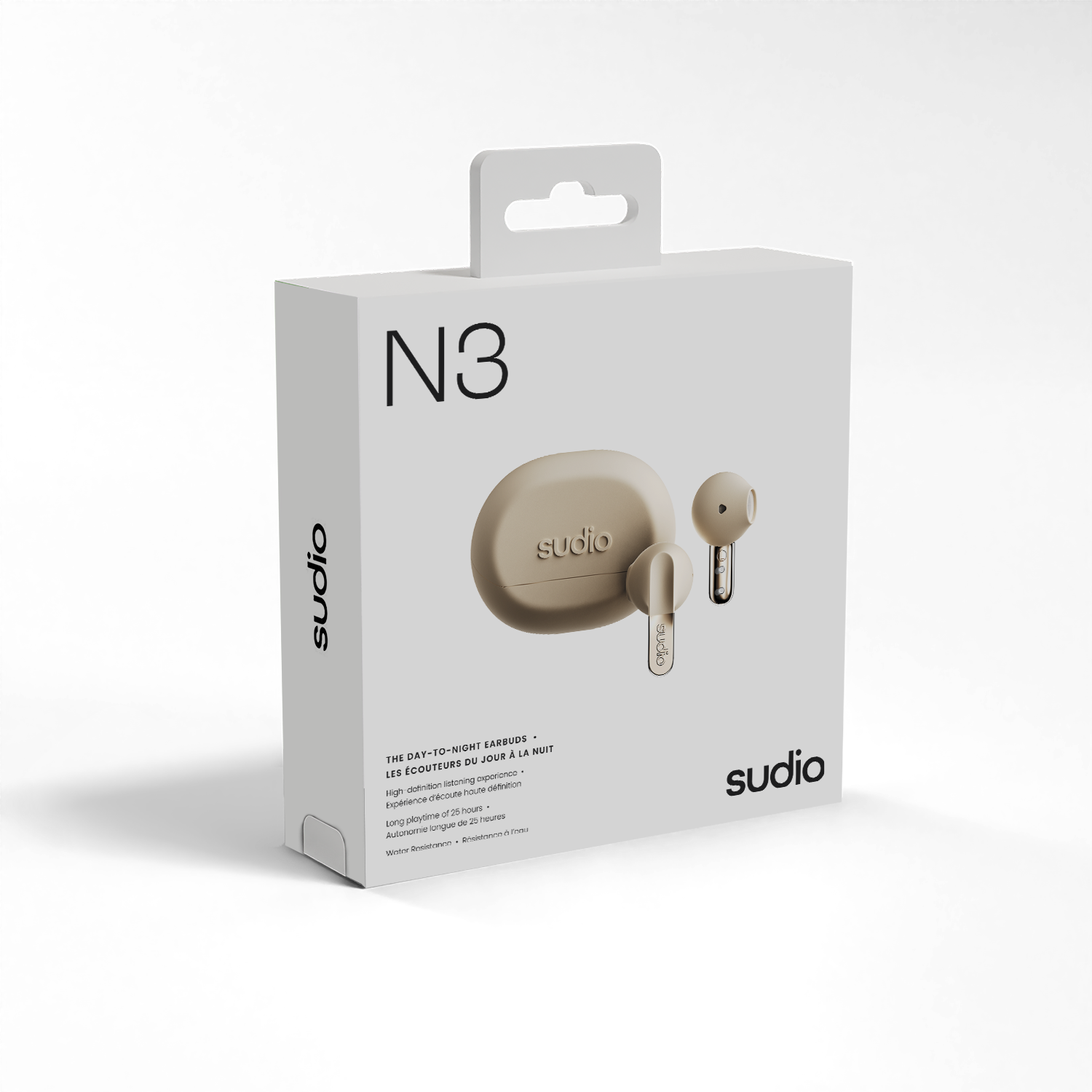 N3 Studio Studio EARBUDS DAY-TO-NIGHT A LA NUIT  
LES ECOUTEURS DU JOUR A LA NUIT  
High-fidelity, open-back sound  
Experience hours of 25 hours of playtime  
Long playtime of 25 hours  
Water Resistant IPX4  
THE DAY-TO-NIGHT EARBUDS  
LES ECOUTEURS DU JOUR A LA NUIT  
sudio