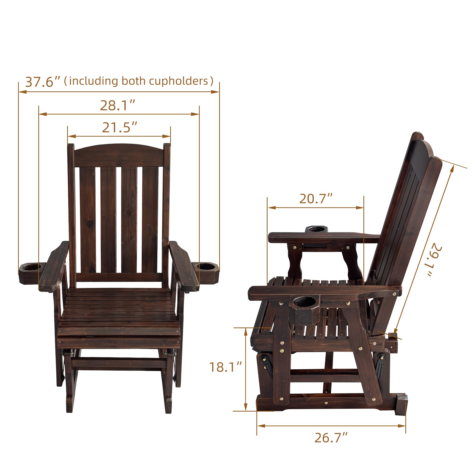 37.6" (including both cupholders)  
28.1"  
21.5"  
20.7"  
29.1"  
18.1"  
26.7"