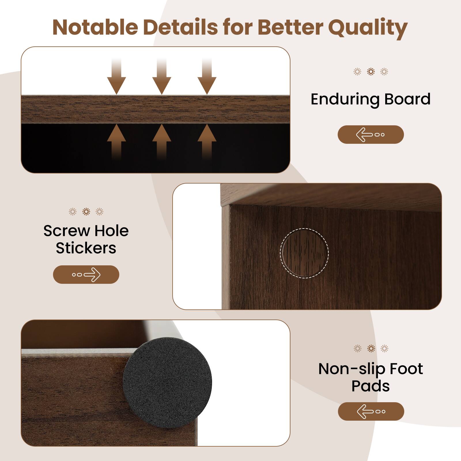 Notable Details for Better Quality

- Enduring Board
- Screw Hole Stickers
- Non-slip Foot Pads