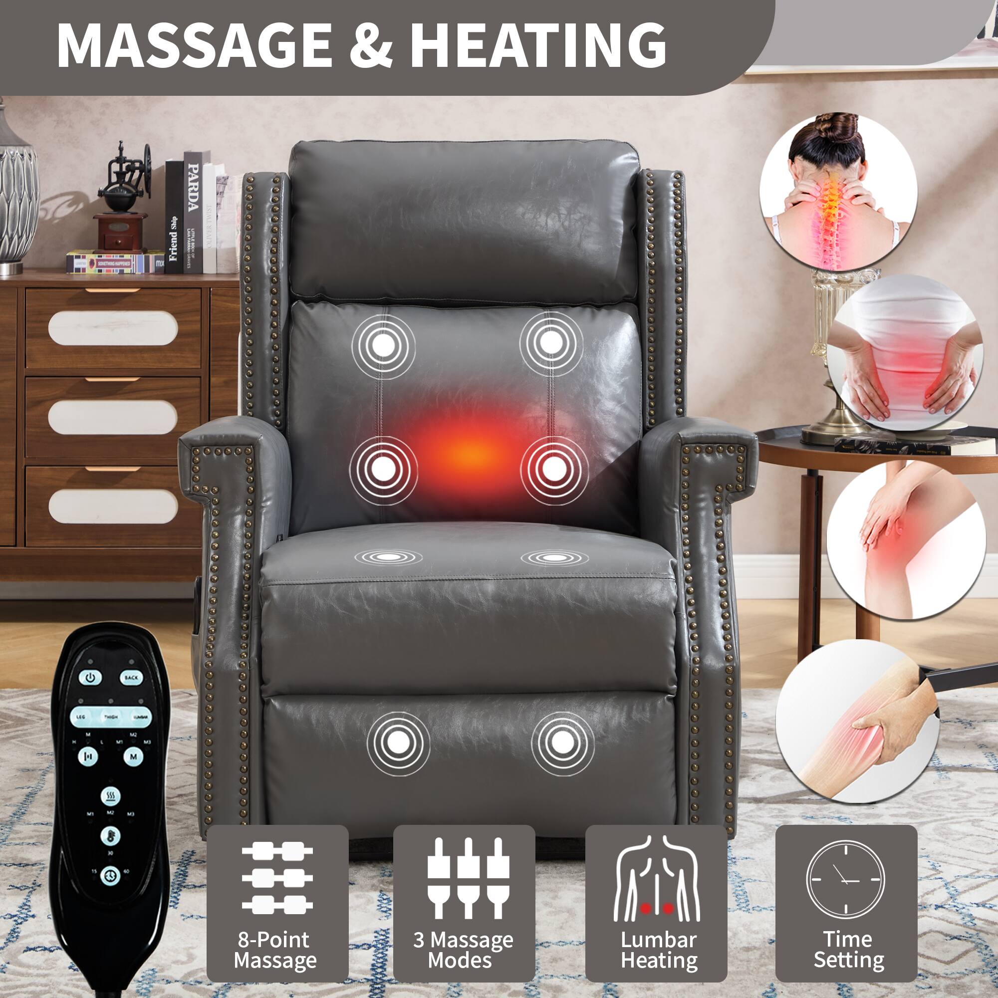 MASSAGE & HEATING

8-Point Massage  
3 Massage Modes  
Lumbar Heating  
Time Setting