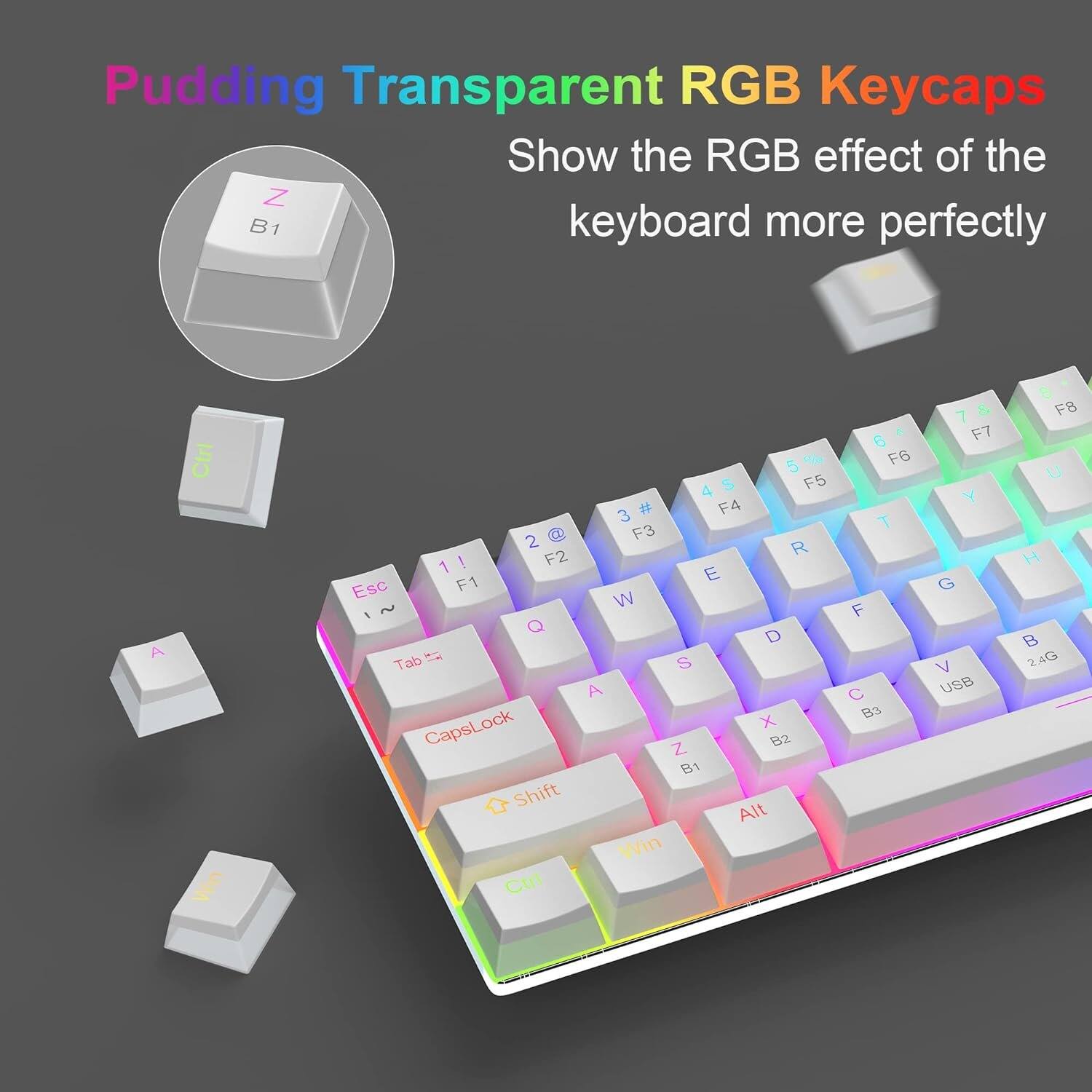 Pudding Transparent RGB Keycaps Show the RGB effect of the keyboard more perfectly

A
Ctrl Win
5 % 4 $ F5 3 # F4 2 @ F3 R 1 ! F2 E Esc F1 W - Q D Tab S A CapsLock X Z B2 B1 Shift Alt Win Ctrl
6 6 F6 T F C B3
7 & F7 Y G V USB
8 F8 U H  2.4G